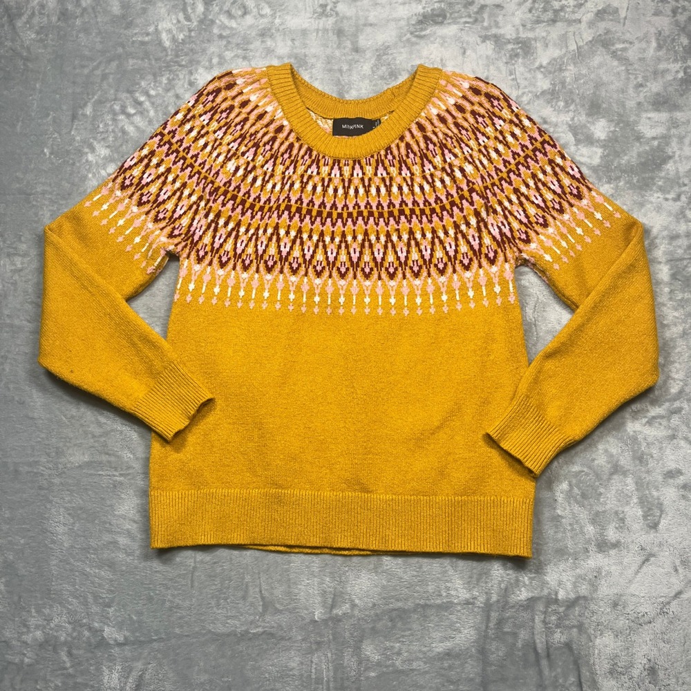 MINKPINK Lean On Fair Isle Sweater Women Mustard Yellow Geometric Knit Size S